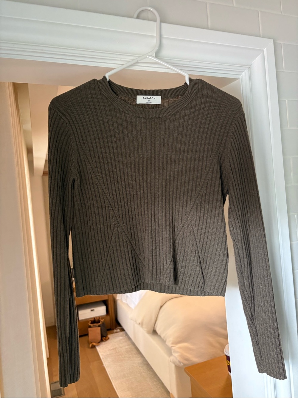 Babaton Ribbed Crewneck Long-Sleeve Top in Olive Brown cropped